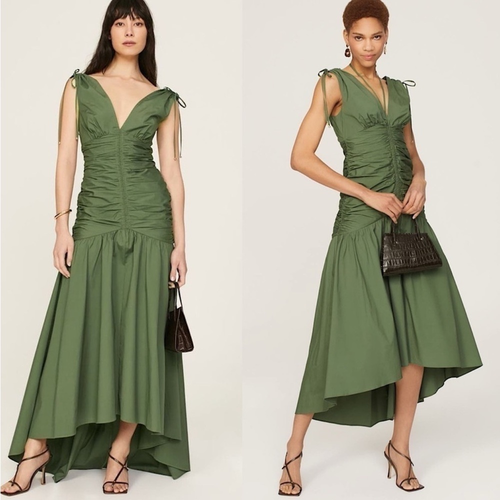VERONICA BEARD Olive Cotton Sleeveless Ruched Bodice Tie Shoulder Maxi Dress 8